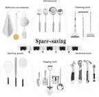 2 Pack Mop and Broom Holder Wall Mount, 5 Racks and 4 Hooks Broom Organizer Storage Tool Racks Stainless Steel Heavy Duty Hooks Self Adhesive Solid Non-slip for Home Kitchen Garden Laundry Garage