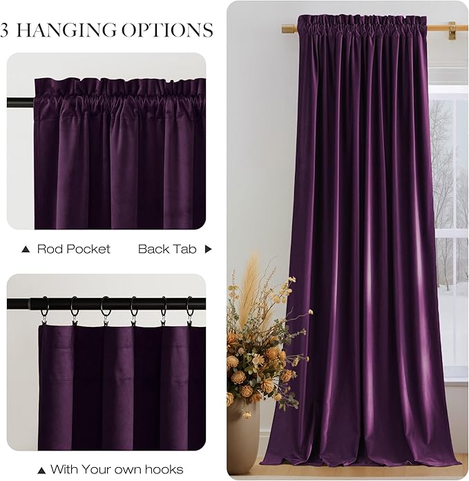 NICETOWN Purple Velvet Curtains 90 inch Long for Yoga Room, Dark Purple - Rod Pocket Romantic Vibe Home Decor Luxury Blackout Window Treatments for Bedroom and Living Room(2 Pieces, 52" Wide)