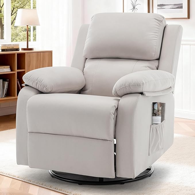 Recliner Chair, 360 Swivel Rocker Chair for Adults, Small Rocking Recliner for Small Spaces, Upholstered Fabric Glider Recliner Nursery (Swivel Rocker Recliner, Off White)