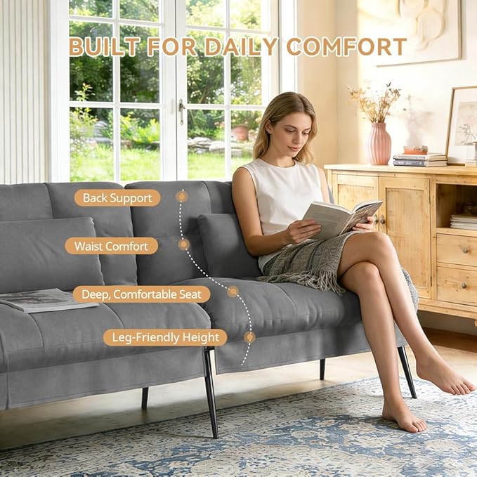 COMHOMA 72″Futon Sofa Bed,Modern Convertible Sleeper Sofa, Fabric Futon Couch with Multi-Position Backrest for Living Room Furniture (Gray)