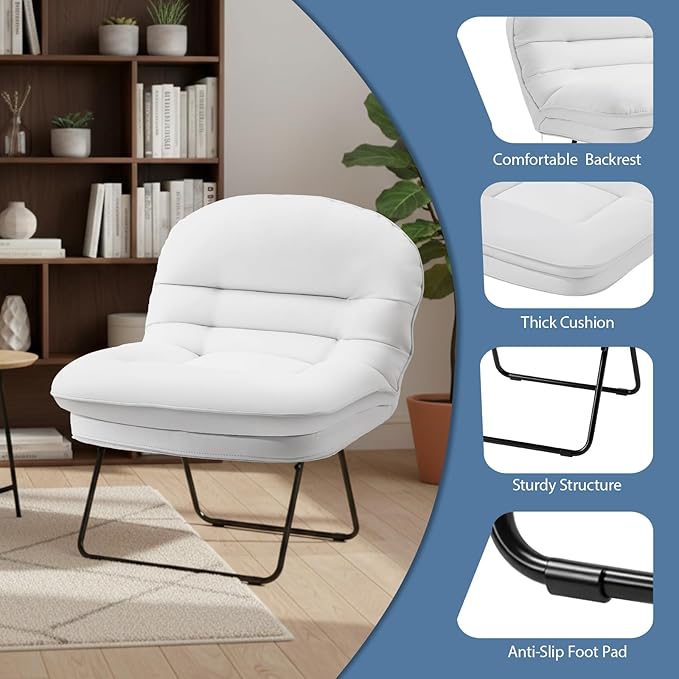 DUMOS Comfy Saucer Chair,PU Leather Foldable Chairs for Bedroom, Dorm & Gaming, Fashion Floor Chair with Back Support for Small Spaces, New White