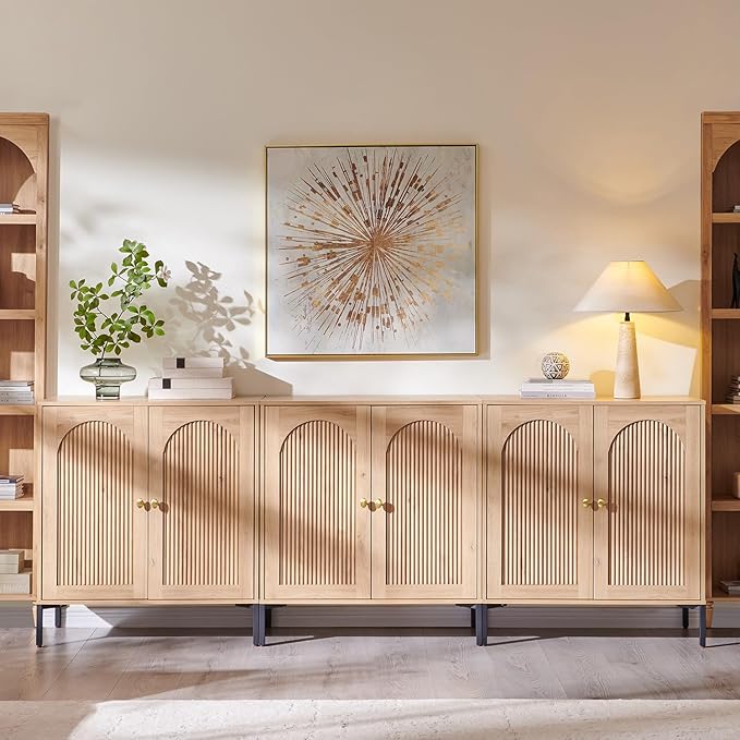 Modern Buffet Cabinet with Storage, 92.63" W Fluted Arched Sideboard Cabinet w/Adjustable Shelves, Wooden Modular Coffee Bar for Dining Room, Kitchen, Living Room, Entryway, Natural