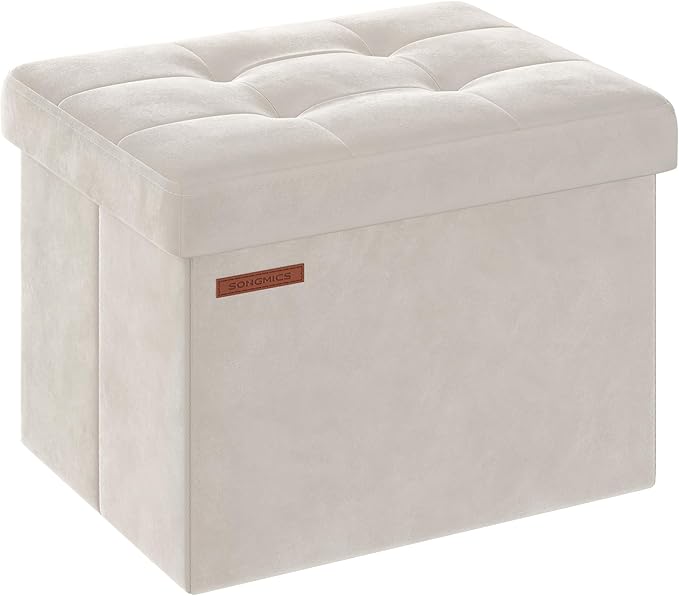 SONGMICS Storage Ottoman, Foldable Small Ottoman Foot Rest, 12.2 x 16.1 Inches Foot Stool, OAD up to 286 lb, for Living Room, Bedroom, Dorm, Cream White ULSF200W01
