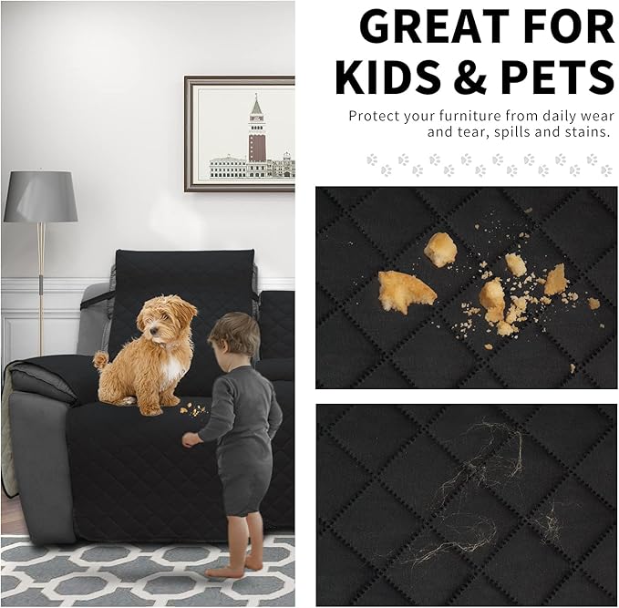 Easy-Going Loveseat Recliner Cover with Console, Reversible Couch Cover for Living Room, Split Sofa Cover for Each Seat with Elastic Straps for Kids, Dogs, Pets(2 Seater, Black/Beige)