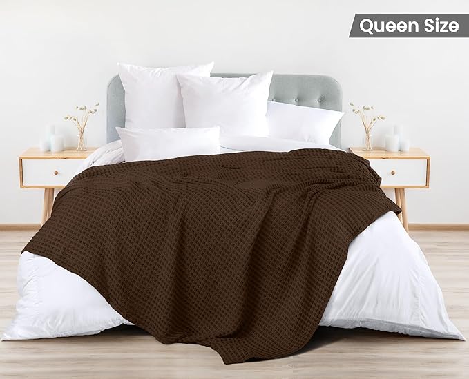 Utopia Bedding Brown 100% Cotton Waffle Blanket 300 GSM [Queen - 90x90 Inch] Soft Lightweight Breathable Bed Blanket for All Season