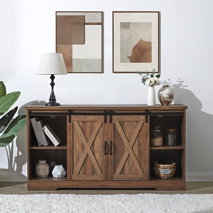 AMERLIFE Fireplace TV Stand with Sliding Barn Door for TVs up to 65", Farmhouse 59" Fireplace Entertainment Center with Storage Cabinets/Adjustable Shelves, Barnwood