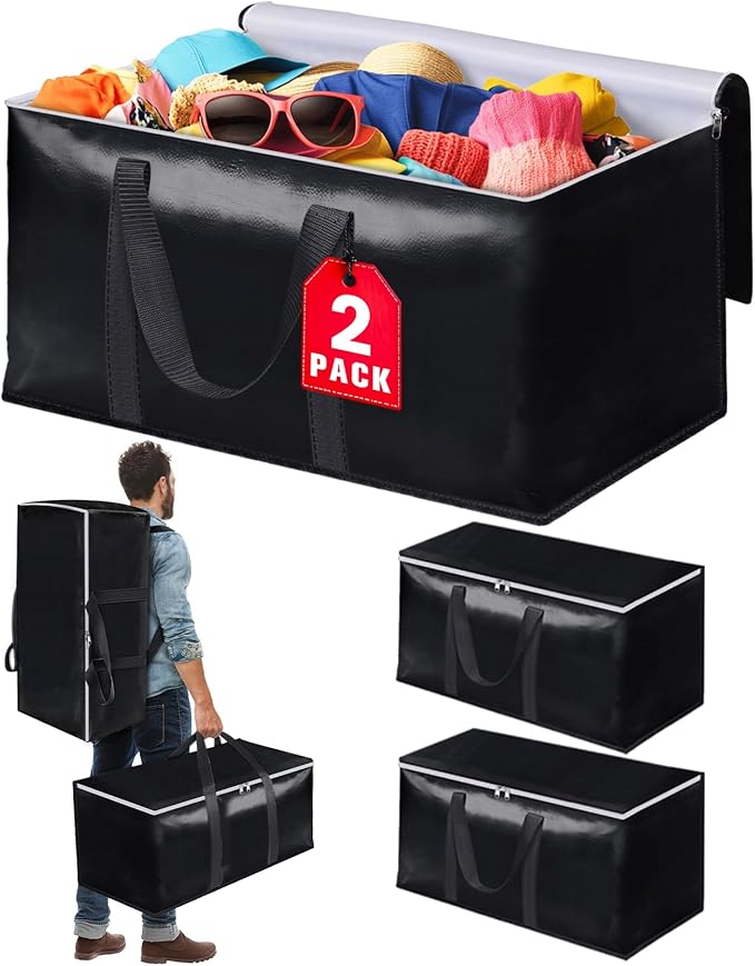 Heavy-Duty & Extra Capacity Moving Bags with Backpack Straps, Storage Totes with Double Zipper & Strong Handles, Packing Bags Alternative to Moving Boxes, Moving Supplies (2 Pack, Black)