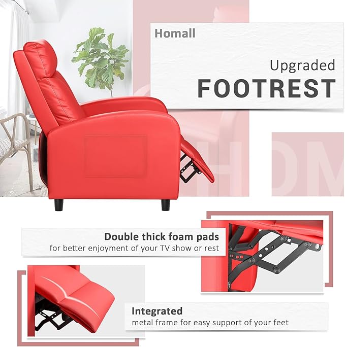 Homall Recliner Chair, Recliner Sofa for Adults, Recliners Home Theater Seating with Lumbar Support, Reclining Sofa Chair for Living Room (Leather, Red)