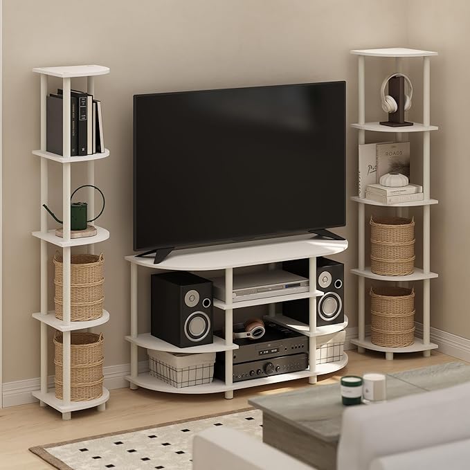 Furinno Turn-N-Tube Corner Shelf Set of 2, 5-Tier Corner Bookshelf, Open Storage Shelves, for Organization and Storage, Living Room, Home Office, Garage, White
