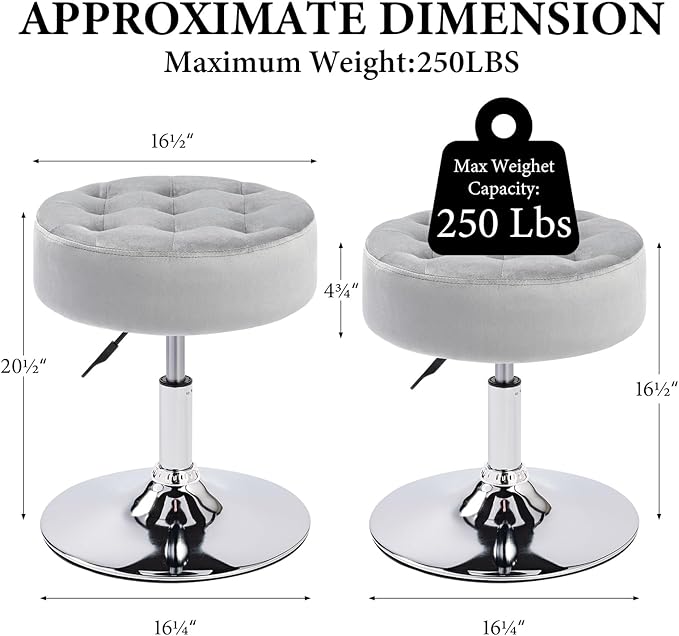 Furniliving Mid-Century Velvet Tufted Adjustable Swivel Makeup Ottoman Stool; Modern Big Size Round Vanity Stool Chair for Bedroom Living Room (LightGrey)