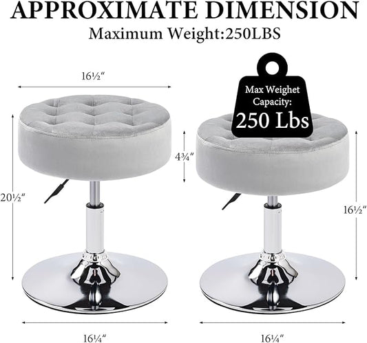 Furniliving Mid-Century Velvet Tufted Adjustable Swivel Makeup Ottoman Stool; Modern Big Size Round Vanity Stool Chair for Bedroom Living Room (LightGrey)