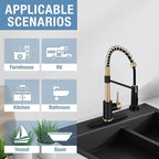 DJS Kitchen Faucets with Pull Down Sprayer Matte Black & Brushed Gold - Single Handle 1 or 3 Holes Spring Kitchen Sink Faucet with Deck Plate for Farmhouse RV Vessel Basin