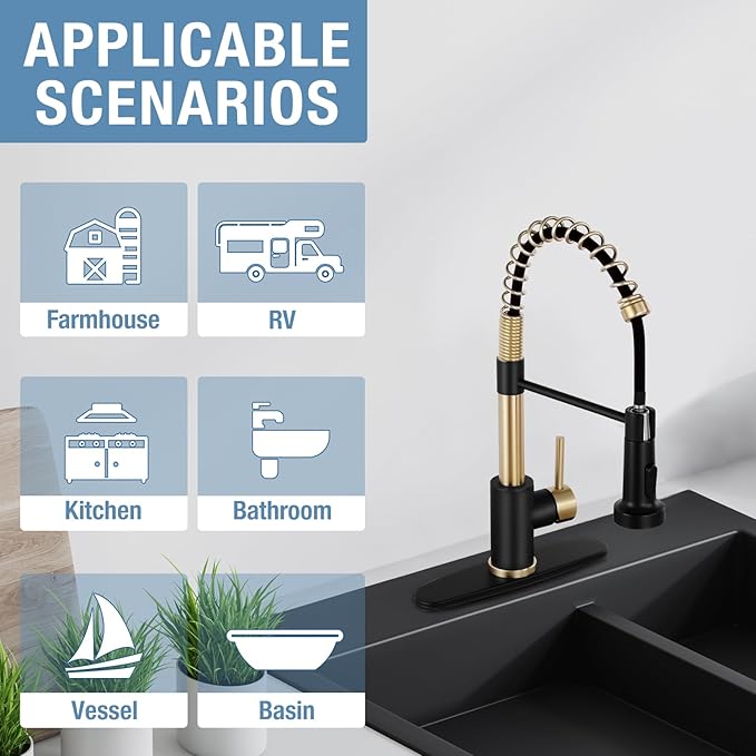 DJS Kitchen Faucets with Pull Down Sprayer Matte Black & Brushed Gold - Single Handle 1 or 3 Holes Spring Kitchen Sink Faucet with Deck Plate for Farmhouse RV Vessel Basin