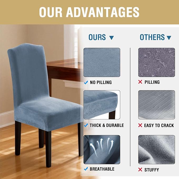 H.VERSAILTEX Velvet Dining Chair Covers Stretch Chair Covers for Dining Room Set of 4 Parson Chair Slipcovers Chair Protectors Covers Dining, Soft Thick Solid Velvet Fabric Washable, Stone Blue