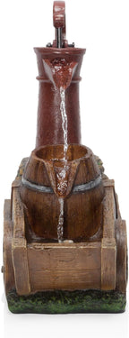 Alpine Corporation ZEN276S Outdoor Vintage Water Pump and Wheelbarrow Floor Fountain - Calming Water Flow, 23 Inch Tall, Brown