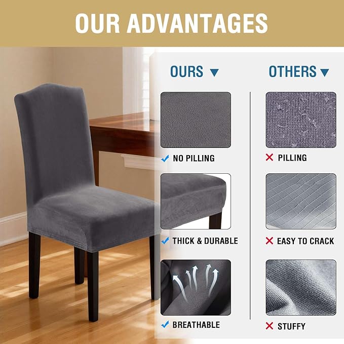 H.VERSAILTEX Velvet Dining Chair Covers Stretch Chair Covers for Dining Room Set of 4 Parson Chair Slipcovers Chair Protectors Covers Dining, Soft Thick Solid Velvet Fabric Washable, Grey