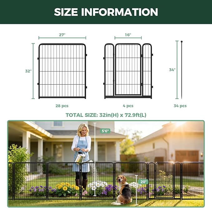 FXW Garden Fence Outdoor for The Yard – 32in(H) x 72.9ft(L) Heavy Duty Metal Animal Barrier for Dog and Rabbit, Decorative Dog Fence, 32 Panels, Black