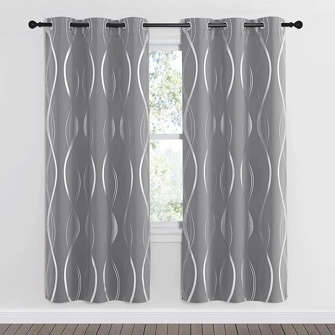 NICETOWN Blackout Curtains 72 inches Long, Silver Grey, 2 Panels, 34 x 72 Inch, Microfiber Noise Reducing Thermal Insulated Wave Line Foil Print Design Blackout Curtains for Patio Sliding Glass Door