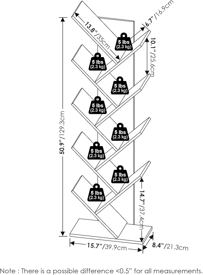 Furinno TREE Book Shelf, 9-Tier Bookshelf, Tree Bookcase with Angled Open Shelf, 8.4 x 15.7 x 50.9, for Room Decor, for Living Room, Bedroom, Home Office, French Oak