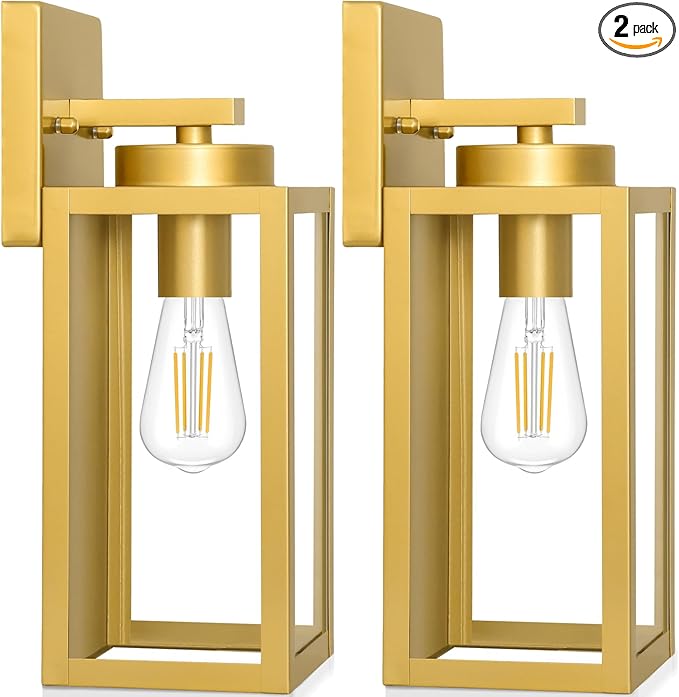 BesLowe 2-Pack Outdoor Wall Light Fixtures, Exterior Waterproof Wall Lanterns, Porch Sconces Wall Mounted Lighting with E26 Sockets & Glass Shades, Modern Wall Lamps for Patio Front Door, Gold