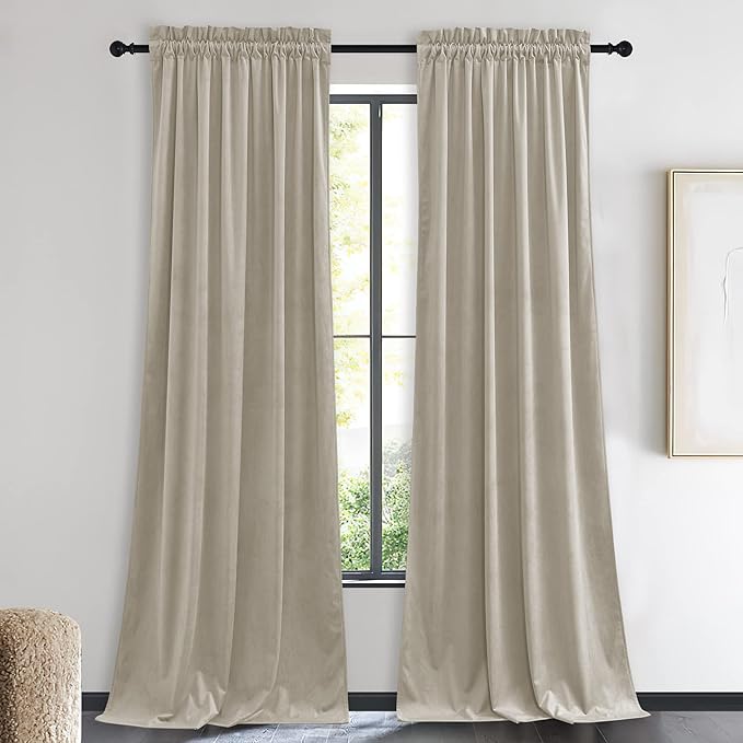 NICETOWN Living Room Camel Velvet Curtains, Sound and Sunlight Reducing Heavy Matt Rod Pocket Drapes/Panels for High Celling Wall (2 Panel Per Pack, 90 inches Long)