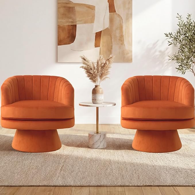 CANMOV Swivel Accent Chair with Armrest Set of 2, Modern 360 Degree Swivel Barrel Chair with Curve Back and Soft Cushion, Comfy Velvet Round Armchair Single Sofa for Living Room, Waiting Room, Orange