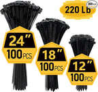 Zip Ties, Zip Ties Heavy Duty, Assorted Sizes (12"+18"+24")-300 Pack, Cable ties, Large Zipties Heavy Duty Black, Wire Ties with 220 lb Tensile Strength for Outdoor Use, Long Zip Tie, ANOSON