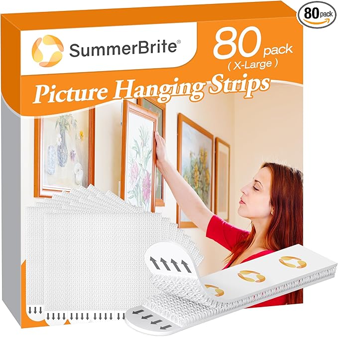 XL Picture Hanging Strips Heavy Duty, 80 Strips Damage Free Removal Picture Hangers for Wall, Sticky Hook & Loop Adhesive Strips for Poster/Picture/Home/Office, 40 Pairs/X-Large, White