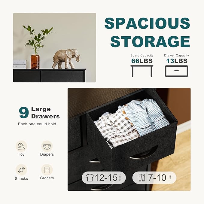 Dresser for Bedroom with 9 Drawers, Anti-Tip Tall Fabric Chests Storage Organizer Tower Furniture with Wooden Top Metal Frame for Clothes, Closet, Living Room, Hallway, Entryway