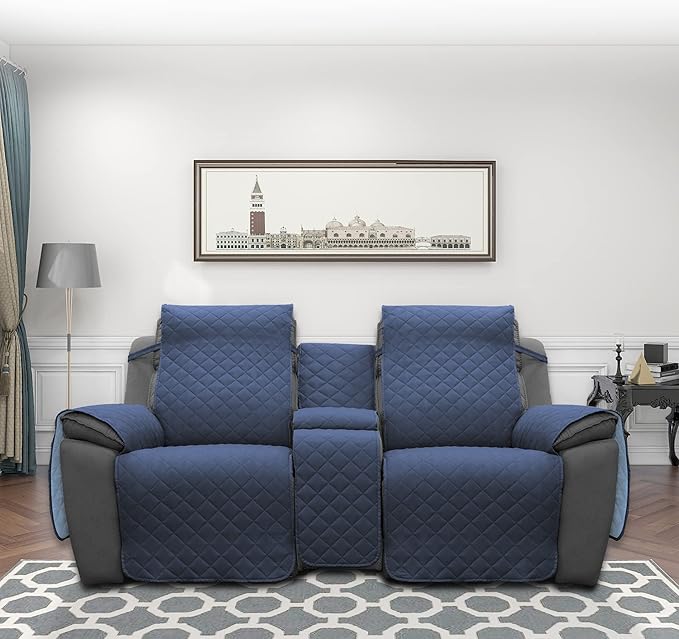 Easy-Going Loveseat Recliner Cover with Console, Reversible Couch Cover for Living Room, Split Sofa Cover for Each Seat with Elastic Straps for Kids, Dogs, Pets(2 Seater, Dark Blue/Light Blue)
