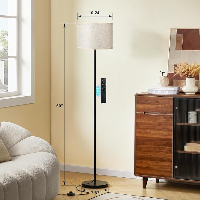 Ambimall 60'' Modern Floor Lamp with Remote, Tall Lamps for Living Room, Bedroom, Office, Dining Room, Beige Shade with Black Pole(Included Bulb)
