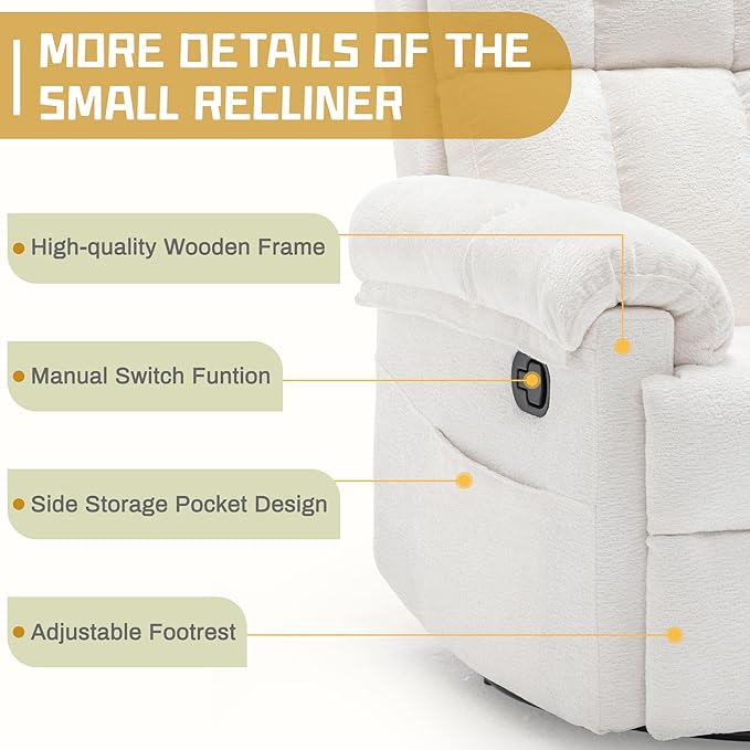 Recliner Chair, Swivel Rocker Recliner Chair for Adults, Small Recliners for Small Spaces, Upholstered Manual Recliner with Side Pockets, Nursery Rocking Chair for Living Room, Chenille, Beige