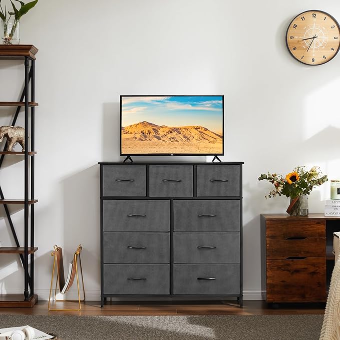 Dresser for Bedroom with 9 Drawers, Anti-Tip Tall Fabric Chests Storage Organizer Tower Furniture with Wooden Top Metal Frame for Clothes, Closet, Living Room, Hallway, Entryway