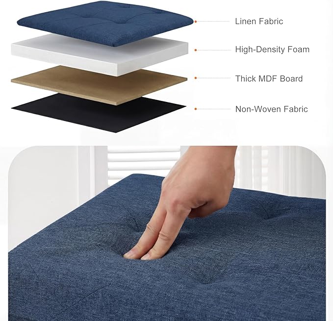 DUMOS 30in Foldable Storage Ottoman Bench, Ottoman Bench Foot Rest Stool with Padded Seat, Bedroom Bench with for Living Room, Support 660lbs, Blue