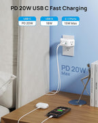 TROND Outlet Extender with USB C PD 20W, Outlet Splitter with 2 AC Sockets, 3-Side Design Wall Plug Adapter, for Home Office Cruise Travel Essentials, White