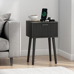 LAATOOREE Nightstands Set of 2, Small Side Table, Bedside Table with Fluted Door, Solid Wood Feet; Modern Mid-Century End Table for Bedroom, Small Space (Black)