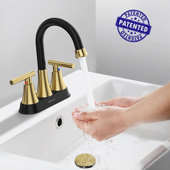 Bathroom Faucets for Sink 3 Hole, Hurran 4 inch Black and Gold Bathroom Sink Faucet with Pop-up Drain and Supply Hoses, Stainless Steel Lead-Free Centerset Faucets for Vanity RV