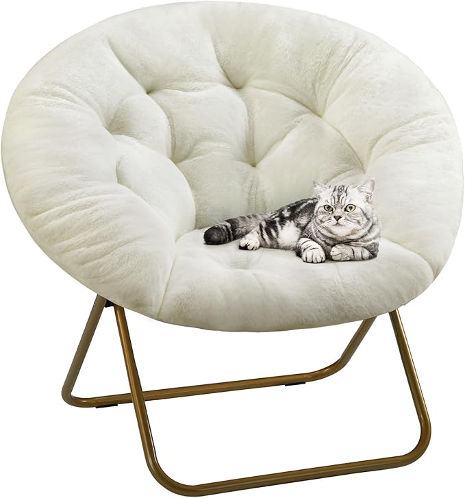 DUMOS Comfy Saucer Chair, Faux Fur Lounge Seasting XL Circle Chair for Bedroom, Dorm & Gaming, Foldable Fashion Accent Seat for Small Spaces, Folding Moon/Mushroom/Round Oversized Style,White