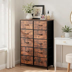 Dresser for Bedroom with 10 Drawers, Anti-Tip Tall Fabric Chests Storage Organizer Tower Furniture with Wooden Top Metal Frame for Clothes, Closet, Living Room, Hallway, Entryway
