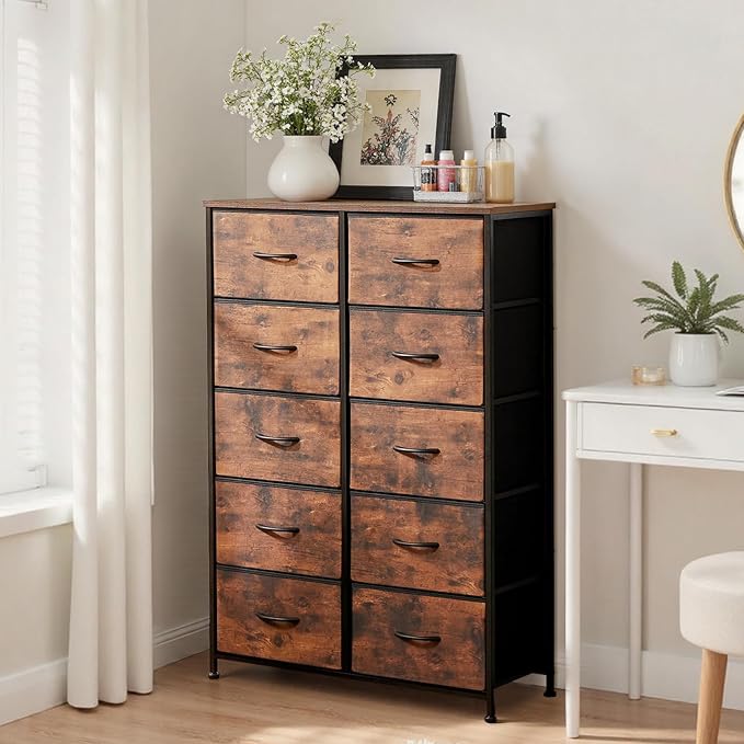 Dresser for Bedroom with 10 Drawers, Anti-Tip Tall Fabric Chests Storage Organizer Tower Furniture with Wooden Top Metal Frame for Clothes, Closet, Living Room, Hallway, Entryway