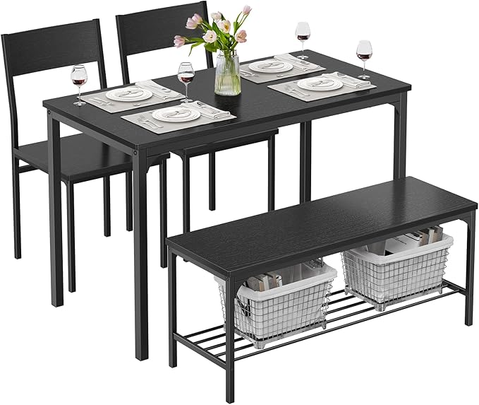 DUMOS Dining Table, Dining Table Set for 4 with Bench, Easy to Assemble Kitchen Table, Space-Saving Ideal 4-Person Set for Dining Room Kitchen Apartment Corner Black 4 Pack