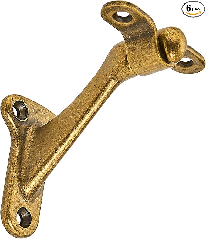 khtumeware 6 Pack 3 Inch Antique Brass Hand Rail Bracket Heavy Duty Hardware for Stairways, Home or Office Vintage Stair Support Handrail Brackets