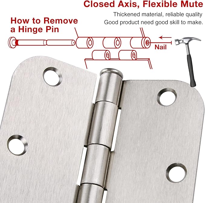 48 Pack Interior Door Hinges Brushed Nickel 3.5 Inch x 3 1/2" Rounded 5/8" Radius 3 ½"Satin Iron Bifold Residential Hinge for French Style Slab Single/Double Doors Hardware Kit Living/Bed Room
