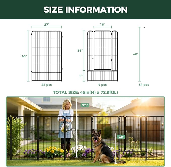 FXW Garden Fence Outdoor for The Yard – 45in(H) x 71.3ft(L) Heavy Duty Metal Animal Barrier for Dog and Rabbit, Decorative Dog Fence, 32 Panels, Black