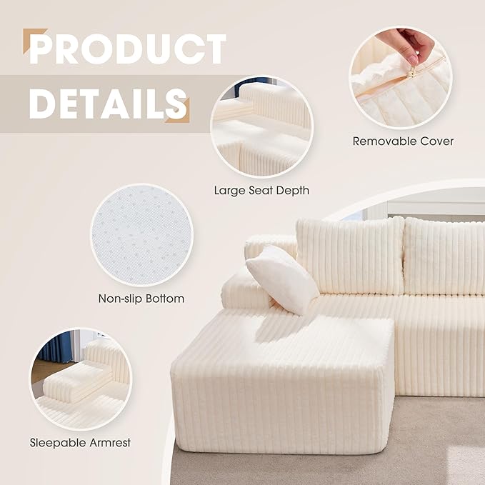 Modular Sectional Sofa Couches L-Shape Couch 3 Seat Modular Sofa Memory Foam Sectional Couches for Living Room, Cloud Couch with Oversized Chaise (White Stripe, 96" Left Facing Chaise)