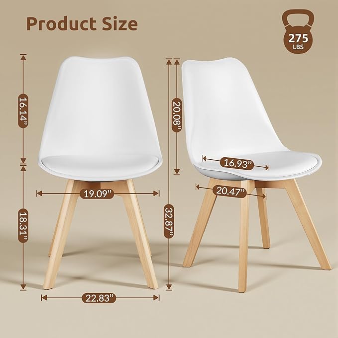 Dining Chairs Set of 8, Modern Upholstered Dining Room Chairs with PU Leather Padded Seat, Armless Kitchen Chairs with Curved Backrest and Solid Wood Legs for Dining Room, Kitchen, Apartment, White