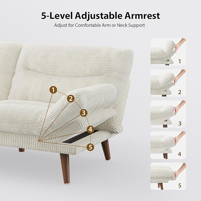 Pipishell Futon Sofa Bed, 75 Inch Corduroy Futon Couch Convertible with Adjustable Backrest and Armrests, Recliner Sleeper Sofa for Small Spaces, Living Room, Office, Guest Room (White, 75 Inch) | Adjustable