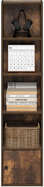 Furinno LUDER Book Shelf, 5-Tier Bookshelf with Open Shelf, Standing Bookcase with 1 Door Cabinet, 9.3 x 12 x 52, for Organization and Storage, for Living Room, Bedroom, Home Office, Amber Pine