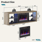 Bestier 70 Inch Fireplace TV Stand for TV up to 75", LED Entertainment Center with 23" Electric Fireplace Media Console Table for Living Room with Glass Shelves, Wash Gray