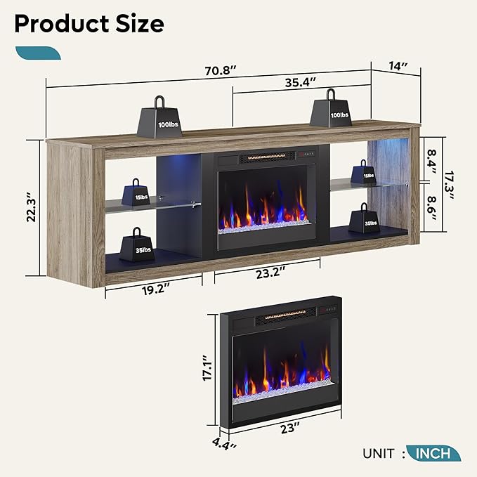 Bestier 70 Inch Fireplace TV Stand for TV up to 75", LED Entertainment Center with 23" Electric Fireplace Media Console Table for Living Room with Glass Shelves, Wash Gray